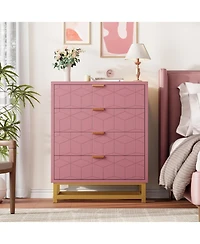 gaomon Dresser for Bedroom, 4 Drawer Pink Wooden Dresser with Gold Handles, Modern Storage Dressers & Chests of Drawers for Hallway,