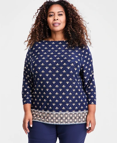 Jm Collection Plus Printed Jacquard 3/4-Sleeve Top