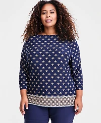 Jm Collection Plus Printed Jacquard 3/4-Sleeve Top