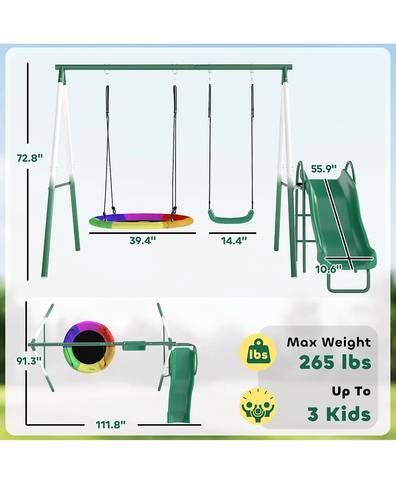 Hongge Kids Outdoor Swing Set with Saucer Swing Classic Seat and Five Foot Slide for Backyard Play