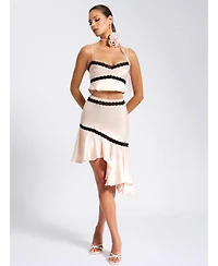 Miss Circle Women's Yahvi Beige Lace Trim Satin Skirt