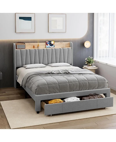 gaomon Upholstered Platform Bed Frame with Storage Drawers and Charging Station Headboard, No Box Spring Needed