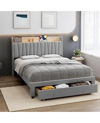 gaomon Upholstered Platform Bed Frame with Storage Drawers and Charging Station Headboard, No Box Spring Needed