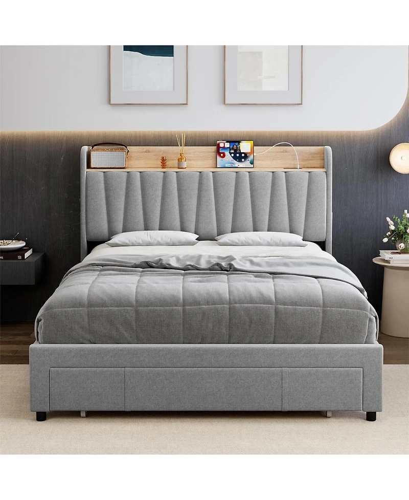 gaomon Upholstered Platform Bed Frame with Storage Drawers and Charging Station Headboard, No Box Spring Needed
