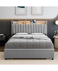 gaomon Upholstered Platform Bed Frame with Storage Drawers and Charging Station Headboard, No Box Spring Needed