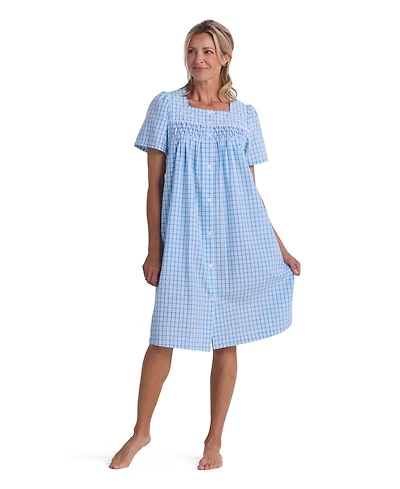 Miss Elaine Women's Window Pane Printed Square Neck Short Grip Robe