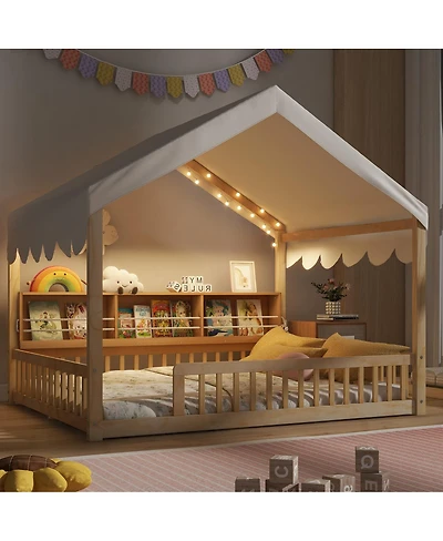 Streamdale Furniture Wooden House Daybed with Fence, Storage, Curtain & Led