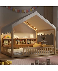 Streamdale Furniture Wooden House Daybed with Fence, Storage, Curtain & Led