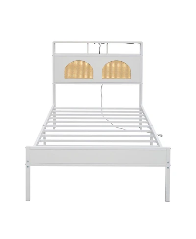 Streamdale Furniture Twin Bed Frame with Headboard, Led & Charging Station, Rattan Headboard