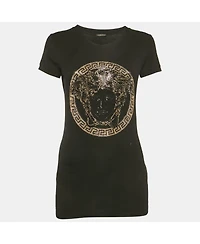 Pre-Owned Versace Women's Black Medusa Rhinestone Jersey T-Shirt