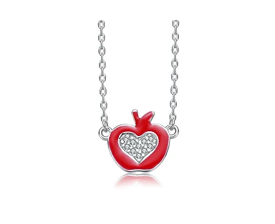 Rachel Glauber Whimsical Red Enamel Apple Shape Necklace in White Gold Plated