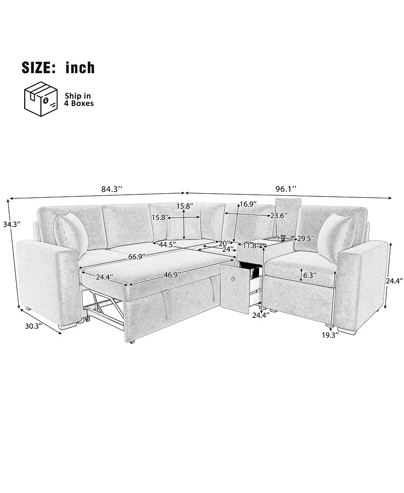 Streamdale Furniture L-shaped Convertible Sofa Bed Modular Sectional with Pull-Out Bed
