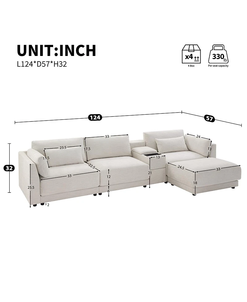 Streamdale Furniture L-Shaped Sectional Sofa with Storage Console, Charger, Ottoman, Wider Cushion