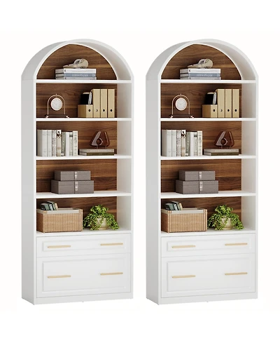 Tribesigns 76.8" Tall Arched Bookcase Set of 2, 5-Tier Bookshelf with File Cabinet Drawer, Modern Freestanding Wooden Bookshelves, Storage Shelve