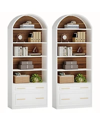 Tribesigns 76.8" Tall Arched Bookcase Set of 2, 5-Tier Bookshelf with File Cabinet Drawer, Modern Freestanding Wooden Bookshelves, Storage Shelve