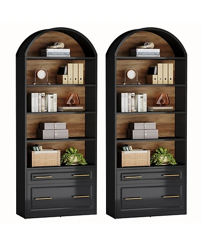 Tribesigns 76.8" Tall Arched Bookcase Set of 2, 5-Tier Bookshelf with File Cabinet Drawer, Modern Freestanding Wooden Bookshelves, Storage Shelve