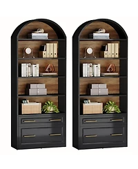 Tribesigns 76.8" Tall Arched Bookcase Set of 2, 5-Tier Bookshelf with File Cabinet Drawer, Modern Freestanding Wooden Bookshelves, Storage Shelve
