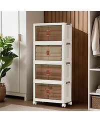 gaomon 4-Tier Foldable Storage Cabinet, Plastic Organizer with Magnetic Doors & Wheels for Home Use, White