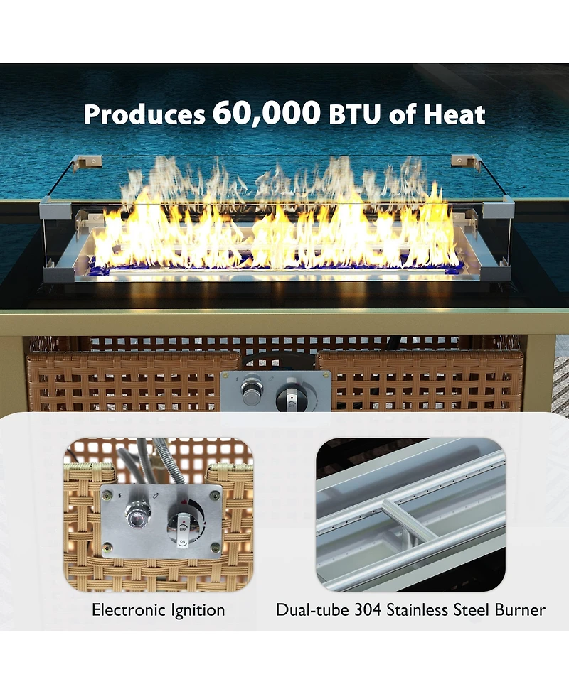 Flynama K&K 43 Inch Propane Gas Fire Pit Table 60000 Btu Rectangular Open Weave Wicker with Glass Wind Guard for Patio Garden