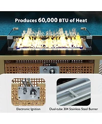 Flynama K&K 43 Inch Propane Gas Fire Pit Table 60000 Btu Rectangular Open Weave Wicker with Glass Wind Guard for Patio Garden