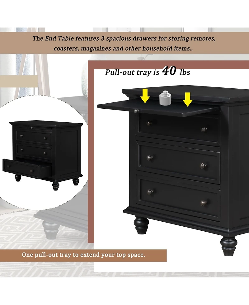 Cesicia 3-Drawer Solid Wood Nightstand with Pull-Out Tray