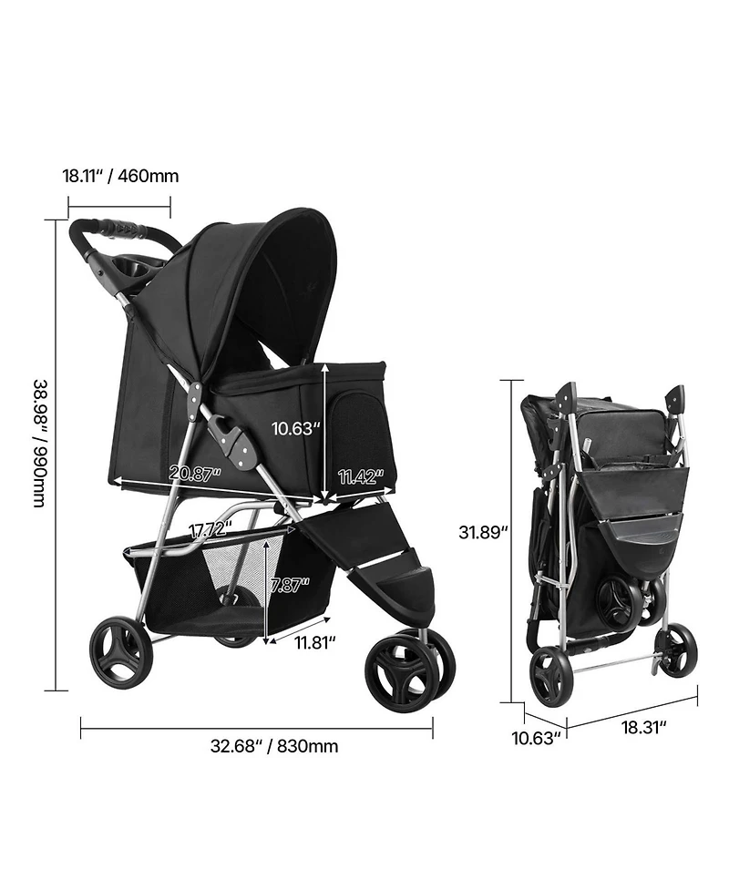 Aostirmotor 3-Wheel Foldable Dog Stroller for Travel, with Brake, Holds up to 35lbs