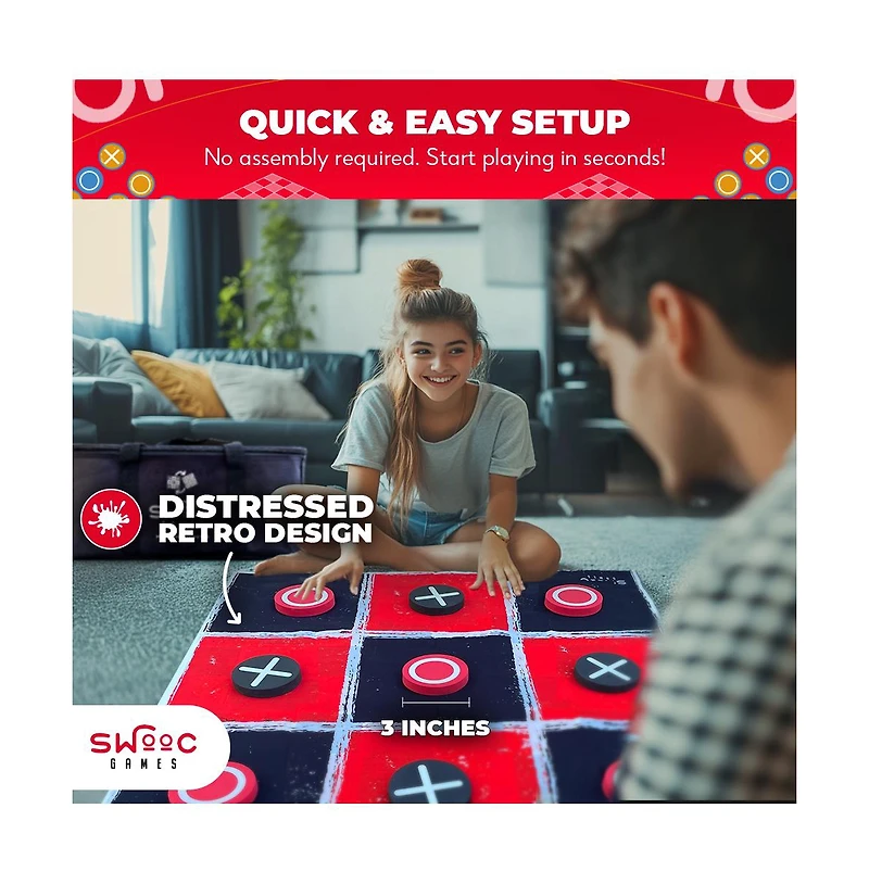 Swooc 2-in-1 Vintage Giant Checkers & Tic Tac Toe Game W/ Mat - 100% Machine-Washable Canvas With Big Foam Discs