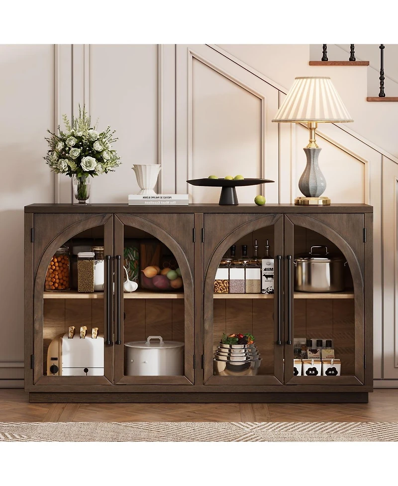 Streamdale Furniture Espresso 4-Door Large Storage Sideboard Buffet Cabinet with Glass Doors