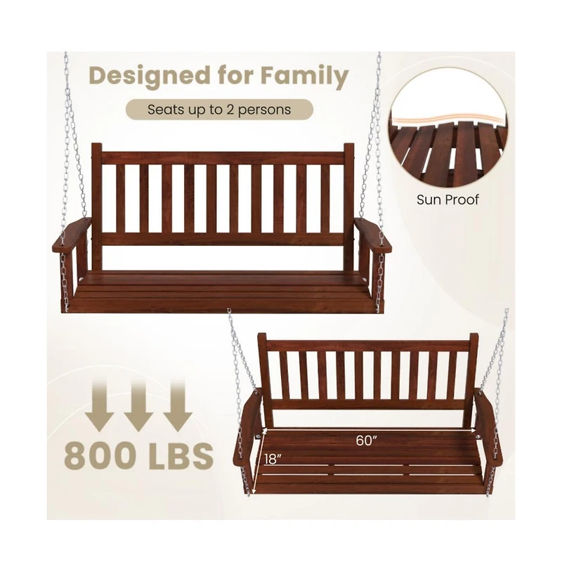 3-Person Wooden Outdoor Porch Swing with 800 lbs Weight Capacity
