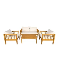 Flynama 4 Piece Teak Finish Patio Conversation Set with Acacia Wood Frame Coffee Table Thick Cushions for Backyard Porch Balcony