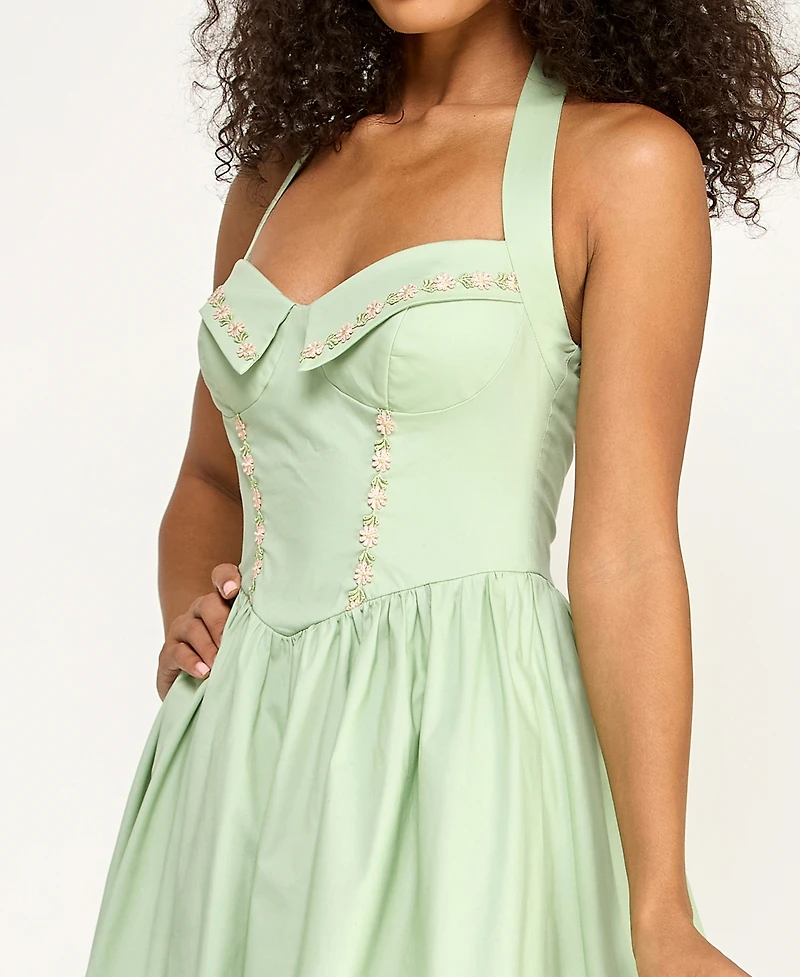 Alex & Sophia Juniors' Halter Poplin Floral Embroidery and Front Tie Fit Flare Dress