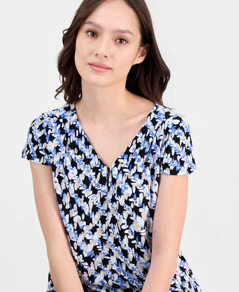 Anne Klein Essentials Petite Printed Keyhole Cap-Sleeve Top