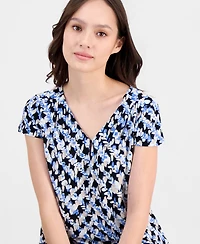 Anne Klein Essentials Petite Printed Keyhole Cap-Sleeve Top