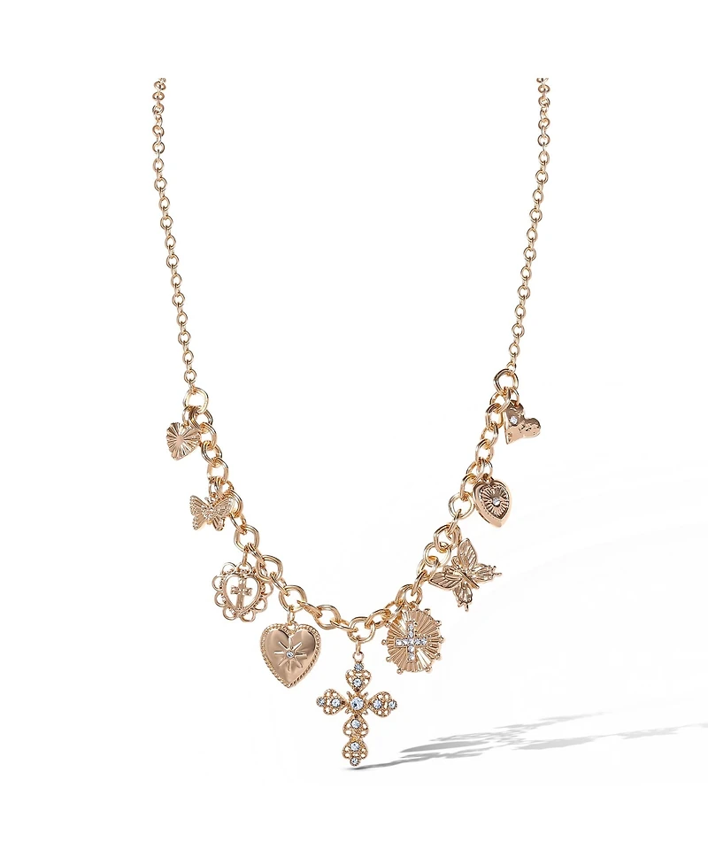 Jessica Simpson Gold-Tone Textured Cross & Heart Charm Necklace