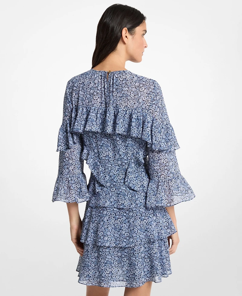 Michael Kors Women's Floral Ruffle Crew Neck Mini Dress
