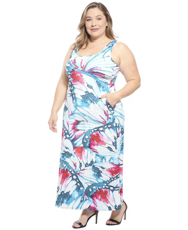24seven Comfort Apparel Plus Butterfly Scoop Neck Pocket Maxi Dress