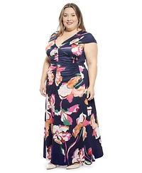 24seven Comfort Apparel Plus Floral Cap Sleeve Ruched Front Dress