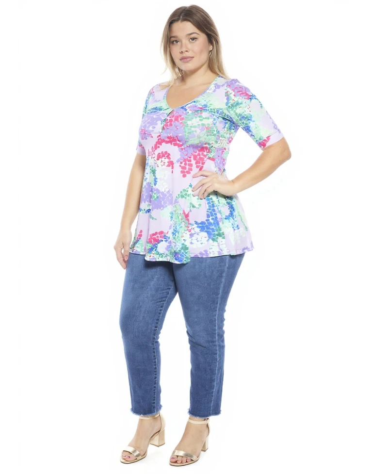 24seven Comfort Apparel Plus Abstract V-Neck Elbow Sleeve Henley Tunic Top