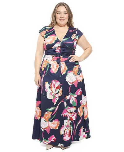 24seven Comfort Apparel Plus Floral Cap Sleeve Ruched Front Dress