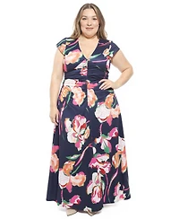 24seven Comfort Apparel Plus Floral Cap Sleeve Ruched Front Dress