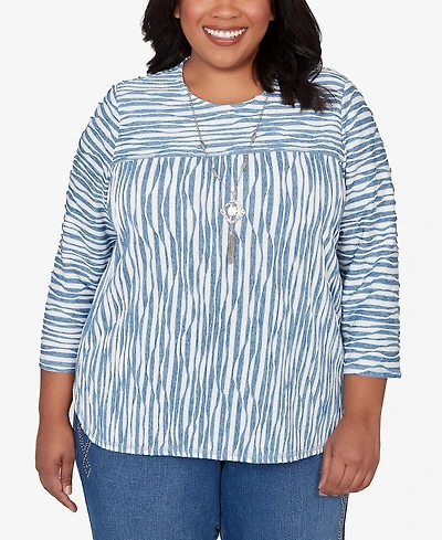 Alfred Dunner Plus Austin Novelty Spliced Textured Top with Necklace