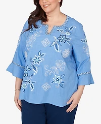 Alfred Dunner Plus Mykonos Floral Textured Embroidered Split Neck Top