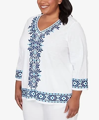 Alfred Dunner Plus Mykonos Scroll Embroidered V Neck Top