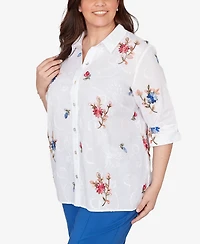 Alfred Dunner Plus The Royal Treatment Embroidered Flower Button front closure Top
