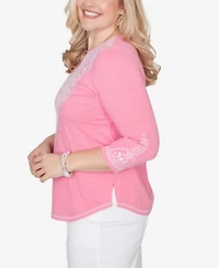 Alfred Dunner Plus The Royal Treatment Embroidered Split Neck Three Quarter Sleeve Top