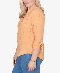 Alfred Dunner Plus Beachcomber Eyelash Gauze Textured Tie Sleeve Henley Top