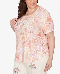 Alfred Dunner Plus Beachcomber Paisley Short sleeves T-shirt with Necklace