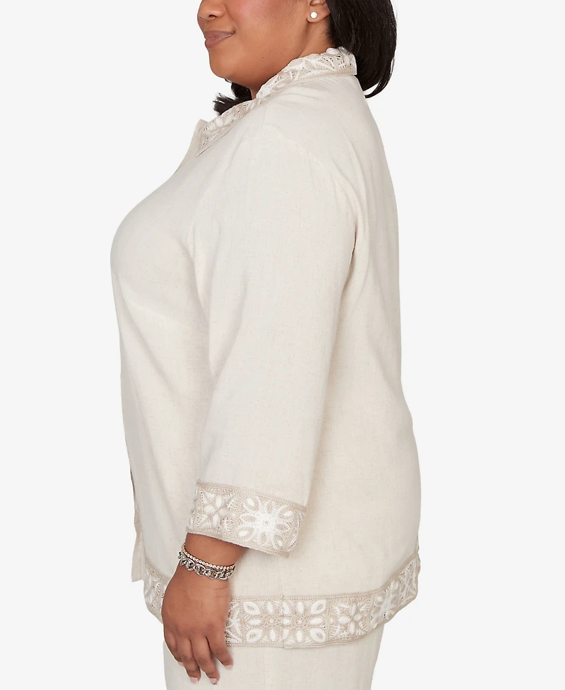 Alfred Dunner Plus Natural Wonder Embellished Crochet Trim Linen Jacket