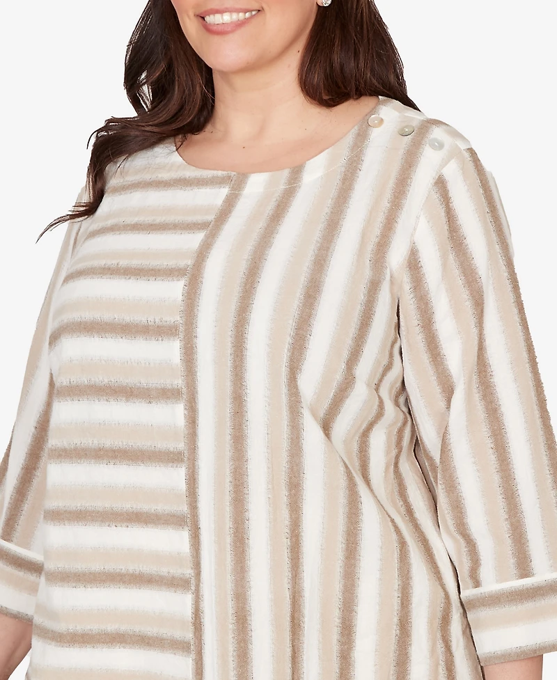 Alfred Dunner Plus Natural Wonder Spliced Stripe Three Quarter Sleeve Top