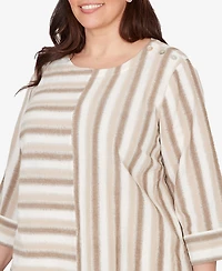 Alfred Dunner Plus Natural Wonder Spliced Stripe Three Quarter Sleeve Top